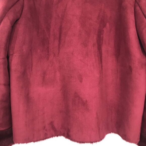 Maroon Faux Suede Burgundy Faux Fur Lined Button Up Holiday Jacket - Picture 13 of 16